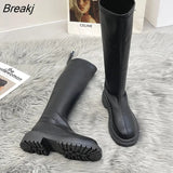 Autumn Winter Women Long Boots PU Leather Ladies Zipper Knight Flats Heel Boots Fashion Non Slip High Heel Knee-high