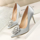 Breakj Korean Version Of Water Diamond Women's Shoes Thin Heel High Heel Sexy Show Thin Shallow Mouth Pointed Shiny Water Diamond With Buckle Single