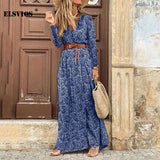 Autumn Fashion Women V Neck Print Long Dress Casual Irregular Long Sleeves Dress Elegant Bohemian Streetwear Party