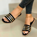 2022 Bling Metal Striped Slippers Women Summer Flat Shoes 2021 Fashion Slip On Slides Outdoor Female Casual Women's