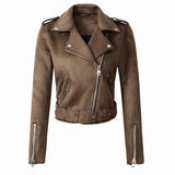 Women Faux Suede Jacket Coats Motorcycle Zipper Turndown Collar Faux Soft Leather Overcoat Female Black Punk Short