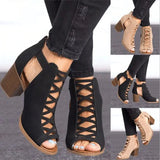 2020 Women Square Heel Sandals Peep Toe Hollow Out Chunky Gladiator Sandals With Strap Black Spring Summer Shoes