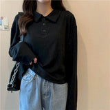 Casual Polo T Shirt Women Long Sleeve Solid Tops Streetwear Turn Dwon Collar Loose Tees Korean Style Tshirt