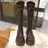 Winter British Style Women Knee High Boots Thick Sole Heel Round Toe Zipper Ladies Fashion Long Boots Knight