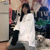 Patchwork Contrast Long Sleeve Oversized Loose Woman Man Streetwear Korean Harajuku Letter Graphic Print Tshirt