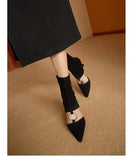 2022 Womens Pointed The Knee Boots Cut Out Rhinestones Square Circle Buckle High Heel Shoes Real Leather Black High
