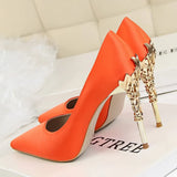 Women Pumps Pointed Toe Satin Office Lady Shoes Summer High Heels Woman Wedding Bridal Shoes Metal Ladies