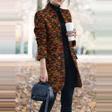Winter New Fashion Women Stand Collar Print Jackets Casual Long Sleeves Elegant Office Lady Cardigan Slim Buttons