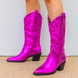 Women Western Boots Fashion Metallic Girls Med Calf Knee Boots Silver Bling Emboridery Punk Cowboy Cowgirls Shoes Vintage