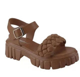 Elegant Women Leather Sandals 2022 New Summer Diamond Lattice Sandals Casual Flat Bottom Platform Sandals Women