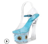 Women Model Shoes Thick Super High heels 17cm Sunflower Waterproof Fishmouth Sandals Transparent Crystal Shoes Wedding