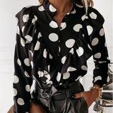 Summer Women Polka Dot Ruffle Blouse Shirt Casual Elegant Office Long Sleeves Buttons Pullover Lady Autumn Streetwear