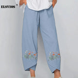 New Floral Print Cotton Linen Pants Fall Summer Loose Irregular Elastic Waist Wide Leg Pant Casual Elegant Pocket