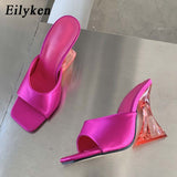 2022 New Silk Green Women's Strange Style Transparent High Heels Slippers Square toe Female Sandalias de