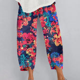 Fashion Loose Plus Size Elastic Waist Cropped Pants Casual Irregular Wide Leg Pants Multi-color Print Cotton Linen