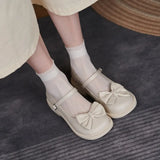 Womens Black Mary Jane Lolita Genuine Leather Shoes for Ladies Classic Bow Round Toe Thick Low Heel Lovely Pumps Sweet