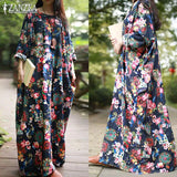 ZANZEA 2022 Vintage Floral Print Dresses Women's Maxi Dress Sleeve Linen Vestidos Kaftan Robe Woman