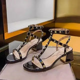 Sandals Woman Leather Suit Female Beige High Heels Shoes Muffins shoe Clogs Wedge Open Toe Low-heeled Studded Black