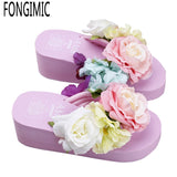 Flowers Woman Beach Flip Flops Summer Style Slides Resistant Slippers Platform Shoes Woman Hit Color Wedges