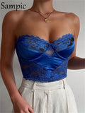 Tube Women Satin Patchwork Lace Skinny Sleeveless Mini Vest Crop Tops Y2K 2021 Sexy Fashion Ladies Tank Tops