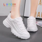 Spring Leather Chunky Sneakers Women's Sports Shoes Ladies Thick White Black Sneakers Women Tennis Vulcanized Shoes