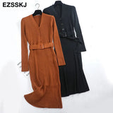 Winter Knit Long Dress Women Casual V Neck Slim Bodycon Sweater Dresses Office Lady THICK Button Dress With