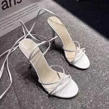 Summer New High-Heeled Sandals Women's Round Head Tied With Thin Heels And Large Size Ladies