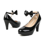 Fashion Women Ankle Strap Spike High Heels Bow Platform Round Toe Pumps Glossy Patent Leather Summer Autumn Sweet Lolita