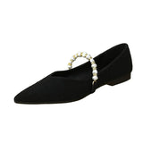 Microfiber Ballet Shoes Ladies Pearl Belt Flats Women Green Loafers Pointed Toe Moccasins Femme Dress Ballerina