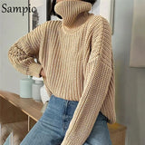 Fashion Autumn Women Long Sleeve Turtleneck Knitted Pullover Cropped Sweater Khaki Casual Knitwear Jumpers Sweater