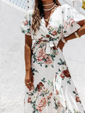 Summer Short Sleeve Belted Women Long Dress Lady Fashion Floral Print Boho Dress New Wrap V Neck Ruffle Irregular Party