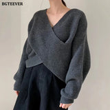 Fashion V-neck Cross Women's Sweater Jumpers Streetwear Loose Knitwear Autumn Winter Solid Female Knitted