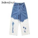 Casual Loose Painted Women Full Length Jeans High Waist Hit Color Asymmetrical Denim Wide Leg Pants For Female