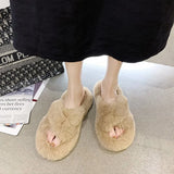 Winter Women House Furry Slippers Fashion Faux Fur Warm Comfortable Women Flats Female Home Slides Black Plush