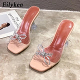 PVC Transparent Crystal Sun Flowers Buckle Womens Slippers Summer Square Toe Ladies Strange High Heels Sandals