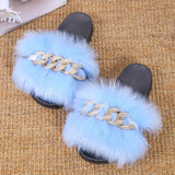 Women Slippers Furry Fluffy Flip Flops Women Sandals Gold Chain Fur Slides Ladies Slippers Plus Size Shoes