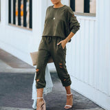 Autumn Winter Fashion Suit Women Hole Sport Two Set Casual Solid Color Long Sleeves Streetwear Irregular Elegant Party