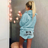Fuzzy Hooded Sweatshirt with Ears Suit Women Letter Printed Coral Velvet Pajama Two Piece Set Cat Print Home