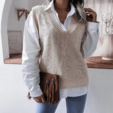 2021 New Fashion Women V Neck Print Knitted Vest Sweater Casual Sleeveless Loose Pullover Elegant Warm Lady Sweater