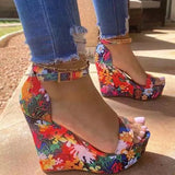 Women Floral Platform Sandals Female Summer Wedges Woman High Heels Thick Bottom Shoes Ladies Buckle Footwear Plus