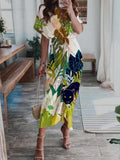 Women Summer Short Sleeve Boho Dresses Belt Office Lady Elegant Button Lapel Shirt Dress Spring Printing Draped Long Party