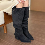 Spicy Sister! Khaki Pointed Thick Heel Pile Boots Female Fall