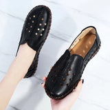 2021 Summer Genuine Leather Vintage Loafers Shoes Women Lazy Slip-On Handmade Leather Breathable Hollow Soft Shoes