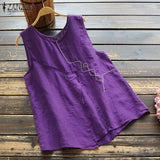 Vintage Embroidery Tops Womens Summer Blouses ZANZEA 2022 Casual O Neck Tank Top Female Solid Cotton Tunic
