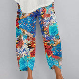 Fashion Loose Plus Size Elastic Waist Cropped Pants Casual Irregular Wide Leg Pants Multi-color Print Cotton Linen