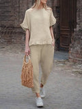 2022 Casual Suit Women New Retro Solid Short-sleeved T-shirt Trousers Two-piece Summer Loose Tops Pencil Pants Commuter