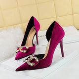 Breakj Banquet High Heels Fine Heel Shallow Mouth Tip Side Hollow Out And Thick Suede Water Diamond Button Bow Single