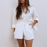 Stripe Shorts Set Loung Wear Tracksuit 2021 Summer Long Sleeve Shirt Tops And Loose High Waisted Mini Shorts Two Piece