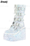 Design Gothic Boots INS Hot Great Quality Fashion Cool Motorcycle Boots Big Size 43 Wedges Heart Platform Mid-Calf