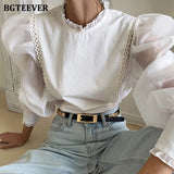 Vintage Stand Collar White Shirts for Women Long Sleeve Loose Female Blouses 2021 Spring Chic Ruffles Ladies
